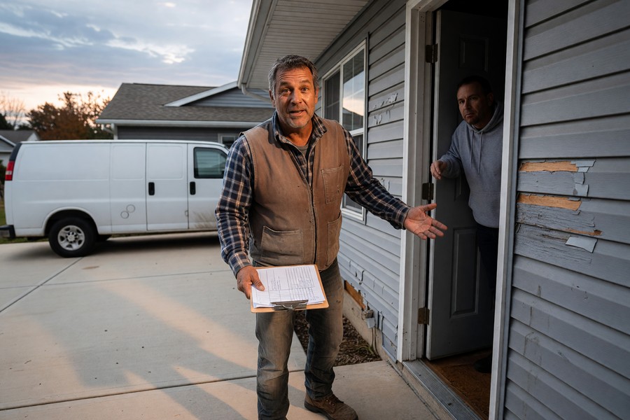 Licensed contractor inspecting roof damage after storm, writing repair estimate on clipboard