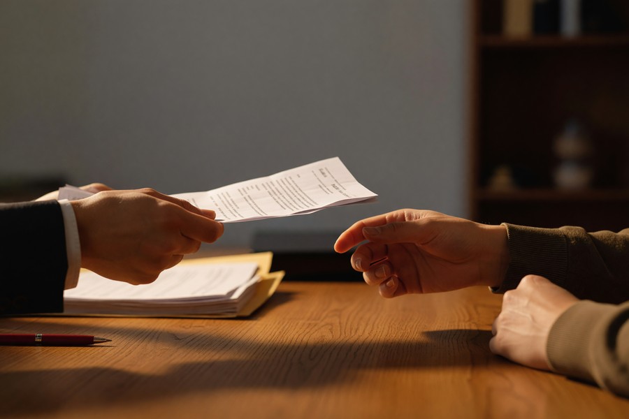 Homeowner on phone with insurance company, documents and laptop open on desk