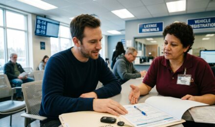 Driver reviewing SR-22 insurance requirements document with insurance agent
