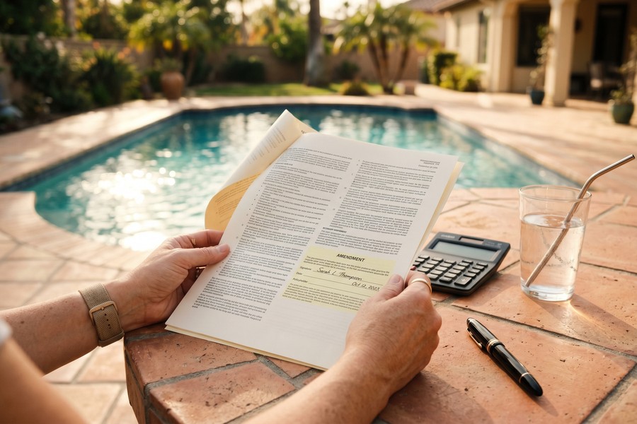 Insurance agent reviewing pool installation documents with homeowner at kitchen table