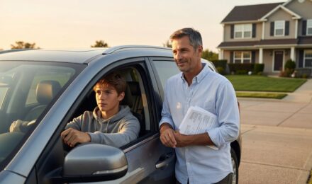 Teen driver sitting behind the wheel with parents reviewing a family auto insurance policy