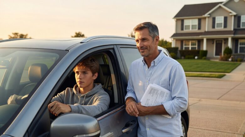 Teen driver sitting behind the wheel with parents reviewing a family auto insurance policy