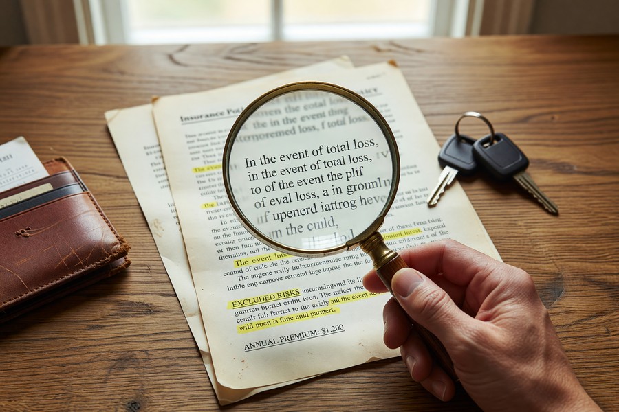 Parent and teen reviewing auto insurance policy documents together at a kitchen table