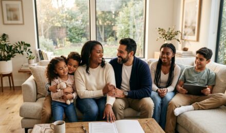 Blended family couple reviewing term life insurance policy documents together at home