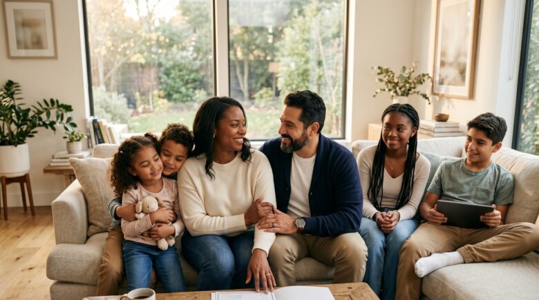Blended family couple reviewing term life insurance policy documents together at home