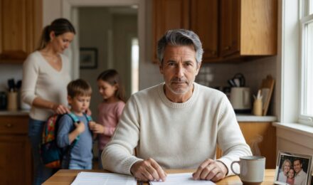 40-year-old homeowner reviewing term life insurance policy documents at kitchen table