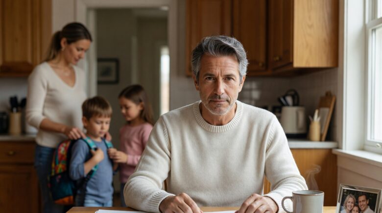 40-year-old homeowner reviewing term life insurance policy documents at kitchen table