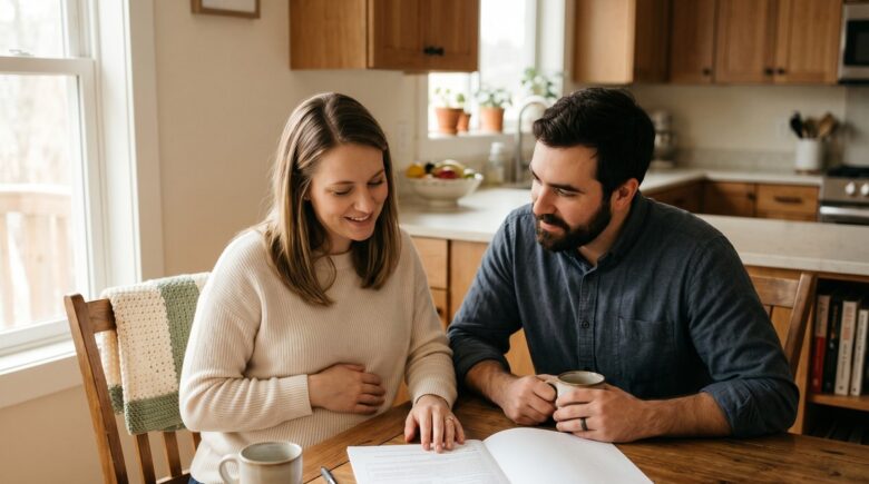 Young couple reviewing term life insurance policy before starting a family