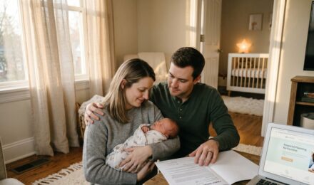 New parents holding their baby while reviewing term life insurance coverage options