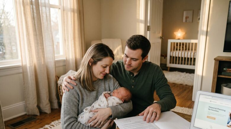 New parents holding their baby while reviewing term life insurance coverage options