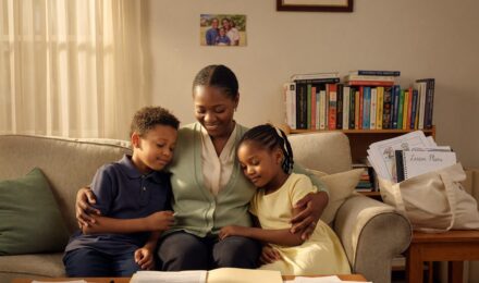 A teacher reviewing her $500,000 term life insurance policy at home with her family nearby