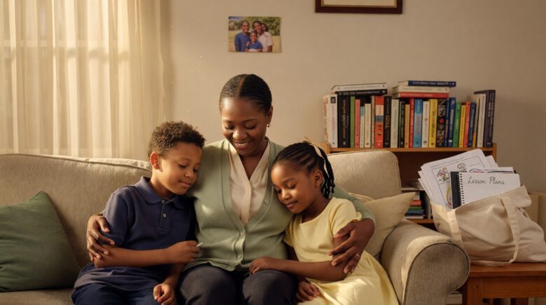 A teacher reviewing her $500,000 term life insurance policy at home with her family nearby