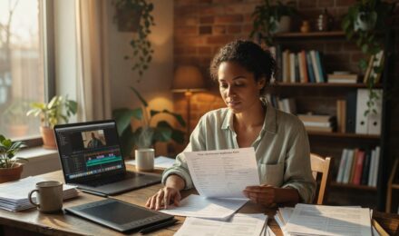 Freelancer reviewing term life insurance options on a laptop at a home office desk