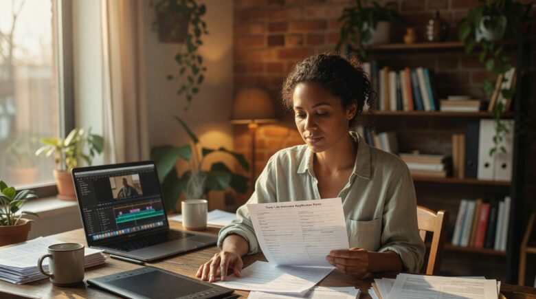 Freelancer reviewing term life insurance options on a laptop at a home office desk