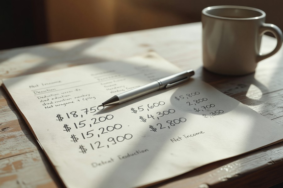 Freelancer reviewing tax documents and 1099 forms to prepare a life insurance application
