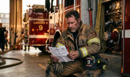 A firefighter and electrician reviewing term life insurance documents for high-risk occupations