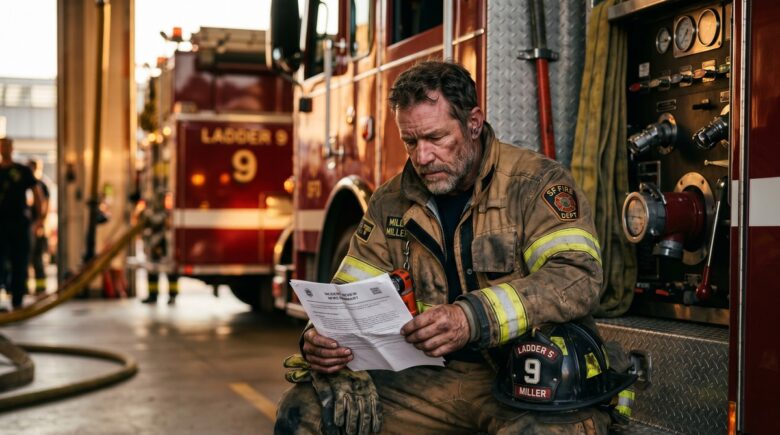 A firefighter and electrician reviewing term life insurance documents for high-risk occupations