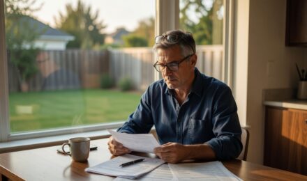A couple in their 50s reviewing term life insurance quotes and policy options at a kitchen table