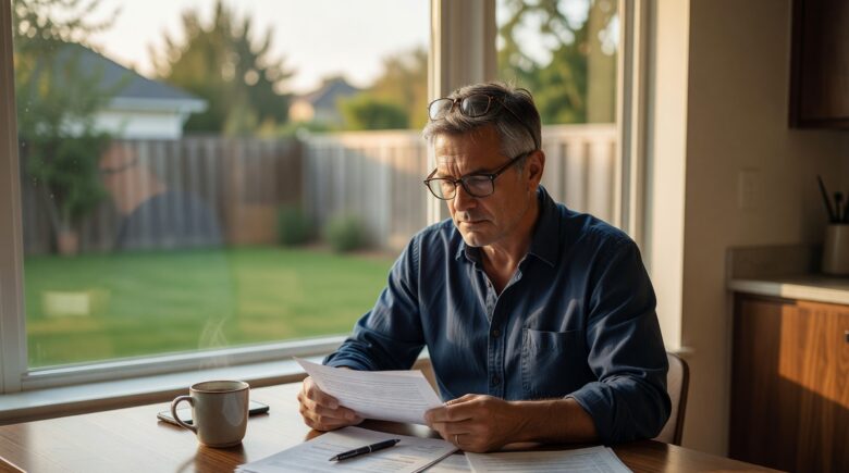 A couple in their 50s reviewing term life insurance quotes and policy options at a kitchen table