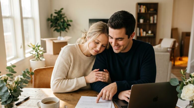 Newlywed couple reviewing term life insurance policy together at home