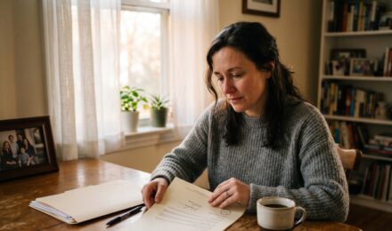 Beneficiary reviewing term life insurance payout documents at a desk