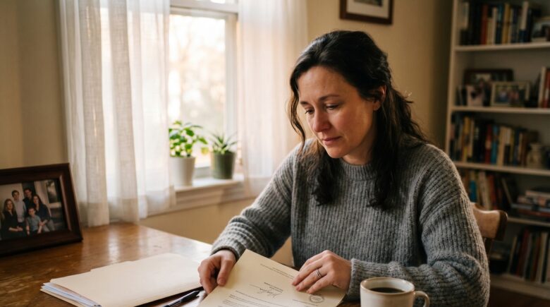 Beneficiary reviewing term life insurance payout documents at a desk