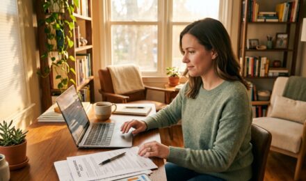 Remote worker reviewing term life insurance policy options at a home office desk