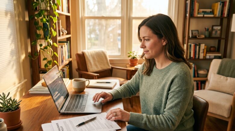 Remote worker reviewing term life insurance policy options at a home office desk