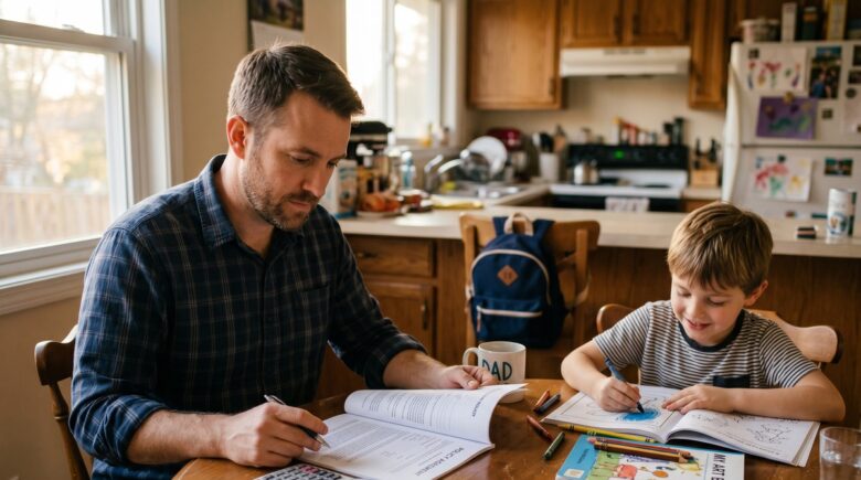 Single dad reviewing term life insurance policy at home with his child nearby