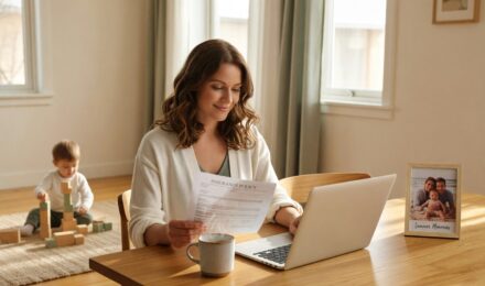 Stay-at-home spouse reviewing term life insurance policy options with family at home