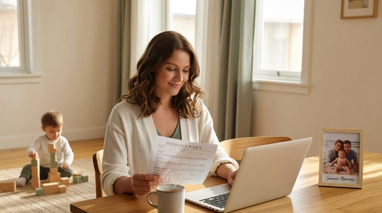 Stay-at-home spouse reviewing term life insurance policy options with family at home
