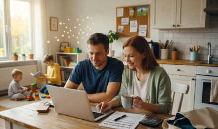 Freelance couple reviewing term life insurance options on a laptop at home with two young children nearby