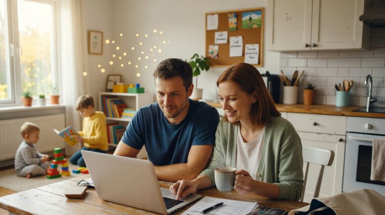 Freelance couple reviewing term life insurance options on a laptop at home with two young children nearby