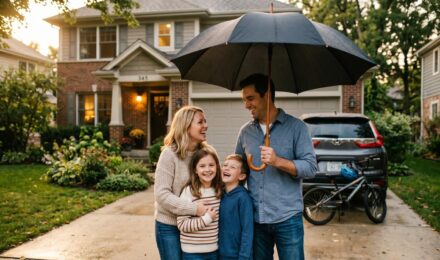 Middle-class family reviewing umbrella insurance policy documents at home