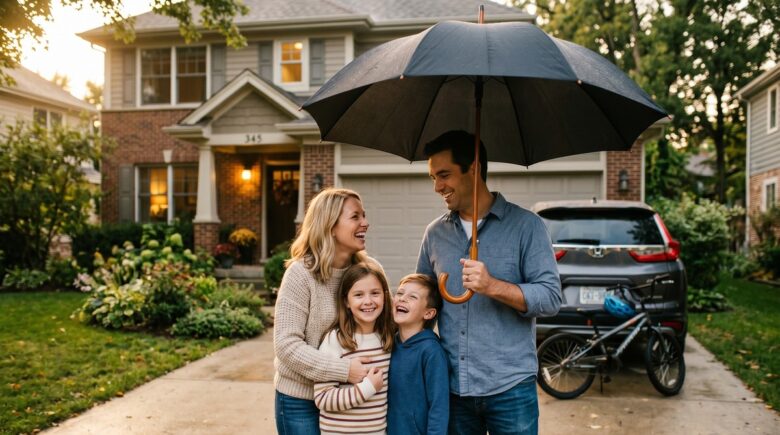 Middle-class family reviewing umbrella insurance policy documents at home