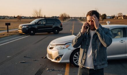 Driver exchanging information after a car accident with an uninsured motorist on a roadside
