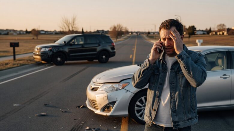 Driver exchanging information after a car accident with an uninsured motorist on a roadside