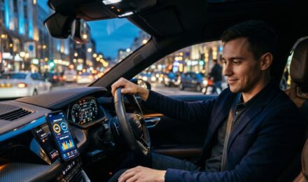 Driver using telematics device for usage based auto insurance tracking on dashboard