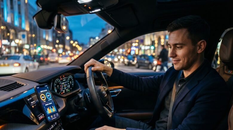 Driver using telematics device for usage based auto insurance tracking on dashboard