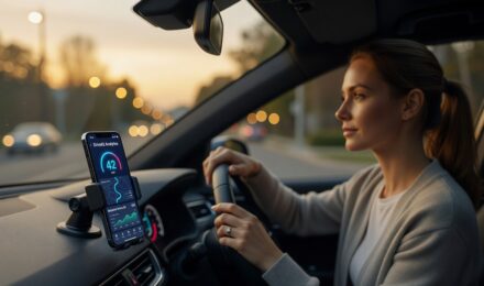 Smartphone displaying a usage-based car insurance telematics app mounted on a car dashboard