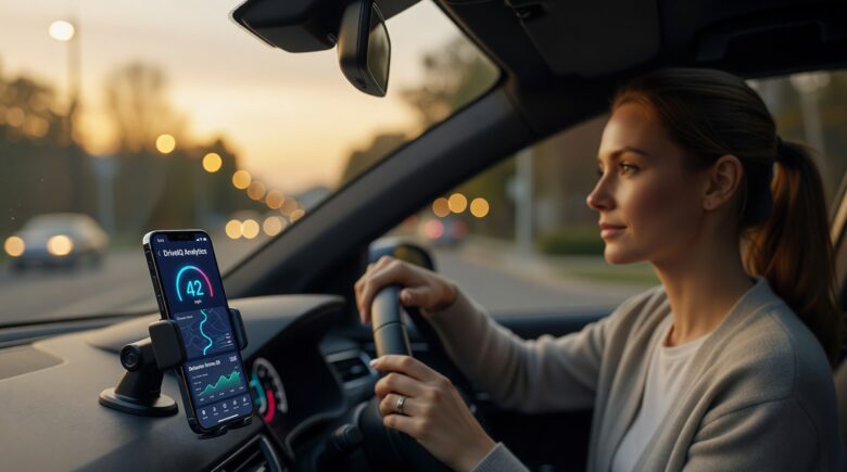 Smartphone displaying a usage-based car insurance telematics app mounted on a car dashboard