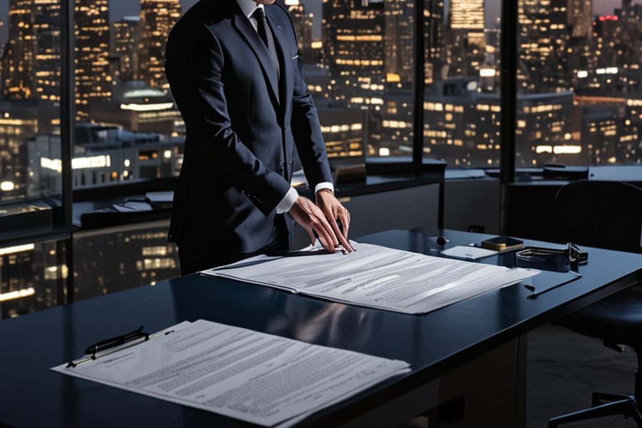 Entrepreneur at desk reviewing business term life insurance documents with attorney and financial advisor